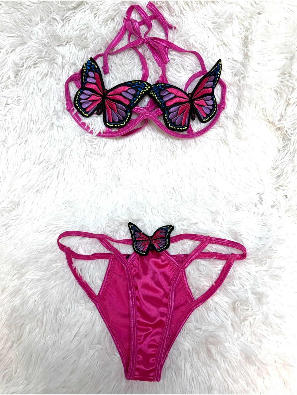 Sexy Pink Butterfly Embellished Satin Bra & Panty Set
